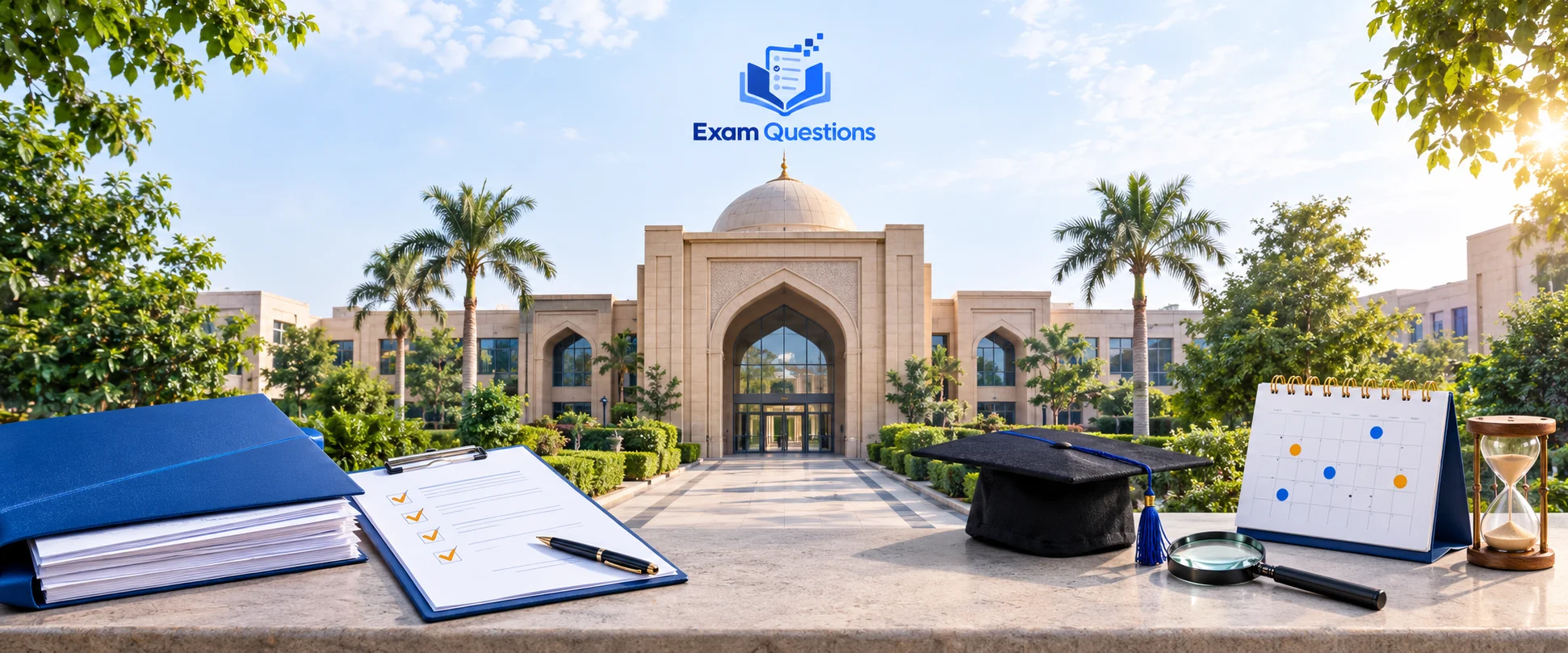 Premium college campus in Lahore with a Mughal-inspired arched entrance, landscaped gardens, and admissions documents, checklist, graduation cap, calendar, and magnifying glass, representing an A Level college admissions guide for Exam Questions.